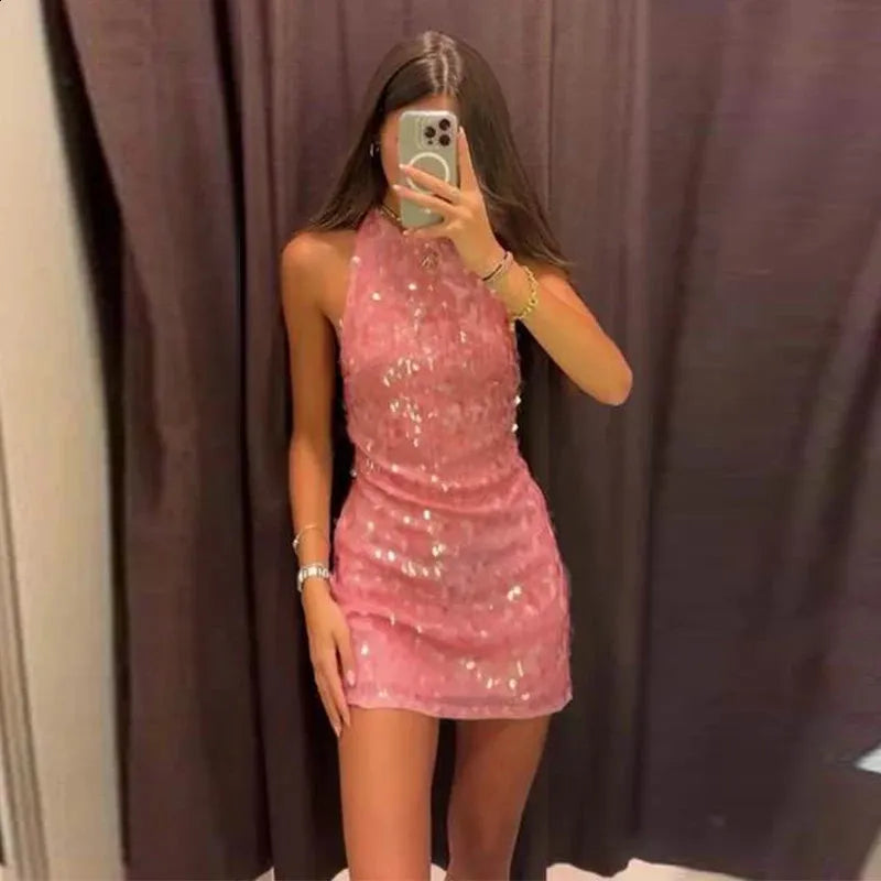 Disco Doll Sequin Halter Mini Dress