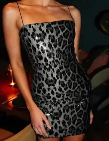 Sequin Leopard Print Mini Dress - Sexy Club Dress